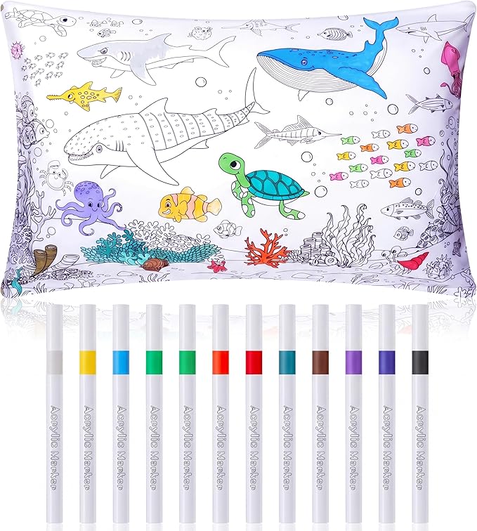 Mindsoft Coloring Craft Coloring Pillowcase Ocean Pillowcase with 12 Pcs Markers Pens for Decoration Supplies Craft, 28.7 x 19.7 Inch