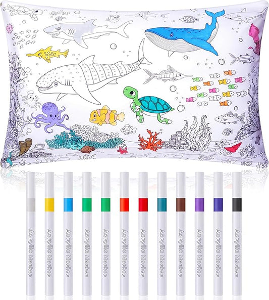 Mindsoft Coloring Craft Coloring Pillowcase Ocean Pillowcase with 12 Pcs Markers Pens for Decoration Supplies Craft, 28.7 x 19.7 Inch