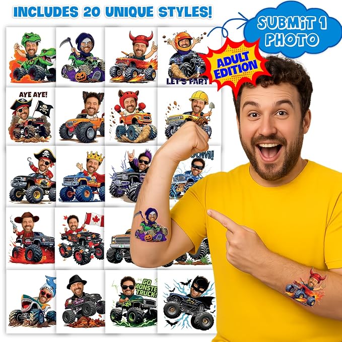 Custom Monster Truck Temporary Tattoos for Kids - Personalized Pre-Cut Face Photo Tattoos - Fun Birthday Party Favors for Boys, Monster Truck Fans - Set of 20 Unique Celebration Gifts