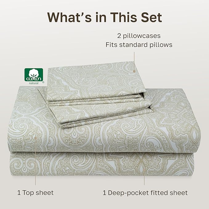 California Design Den Soft 100% Cotton Sheets Full Size Set, 400 TC Good Housekeeping Award Winner, Smooth Sateen Finish with Deep Pockets, Cozy and Durable Cotton Bedding Set - Paisley Beige