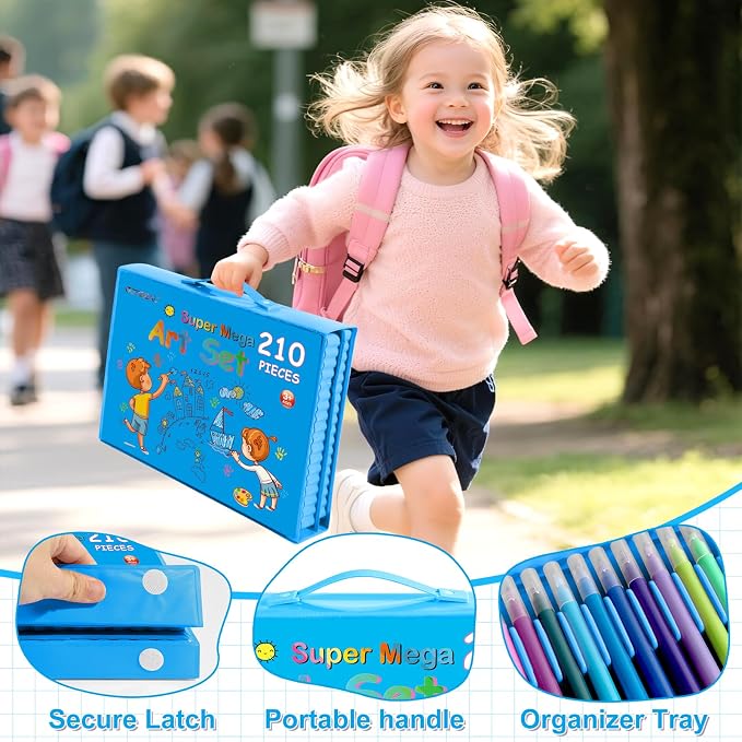 GOTIDEAL Kids Art Set,Art Supplies for Kids,210 PCS Art Kit with Double Sided Trifold Easel,Coloring Book, Crayons, Markers, Watercolor Pens, Arts & Crafts,Gift for 4-12 Year Old (Blue)