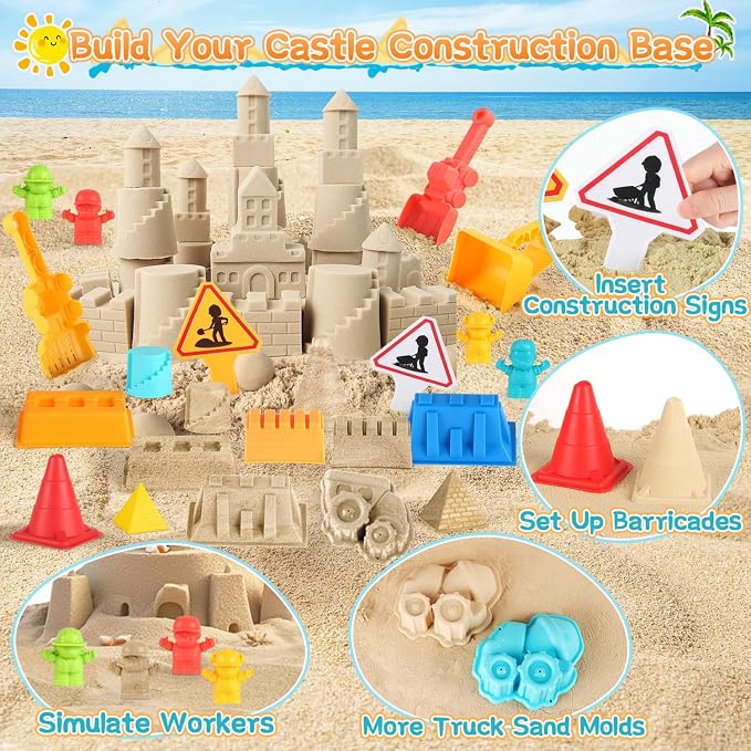 Elovien Beach Sand Toys, Large Dump Truck with Bucket, Sandbox Construction Toy Sand Castle Building Kit with Mesh Bag, Sand Molds, Shovels, Worker Figures, Kids Toddlers Summer Outdoor Travel Toys