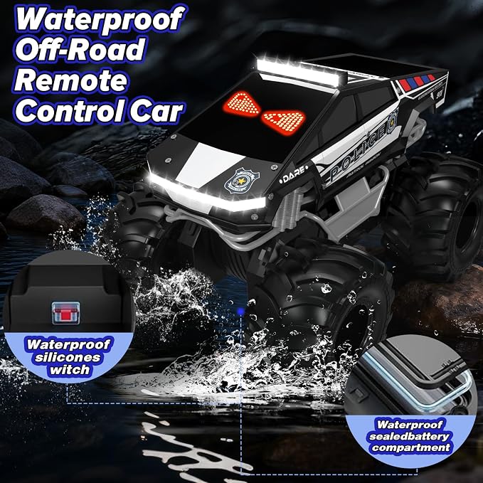 Police Remote Control Car with LED Dynamic Eyes, 1:18 Amphibious RC Cars, 4WD All Terrain Pickup, 2.4GHz Waterproof Cyber Truck, 360° Rotatable Monster Truck Toys for Boys Birthday Gifts Age 6 7 8 9+