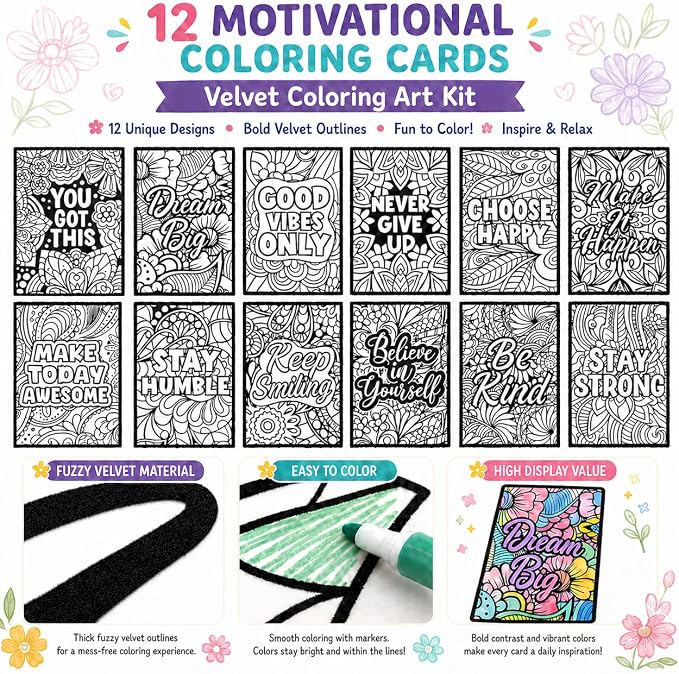 Cinrobiye 48 Pcs Velvet Coloring Posters Inspirational Quotes Fuzzy Posters to Color Bulk Felt Motivational Coloring Page for All Ages Classroom Assisted Living Festive Holiday Art&Craft Activity