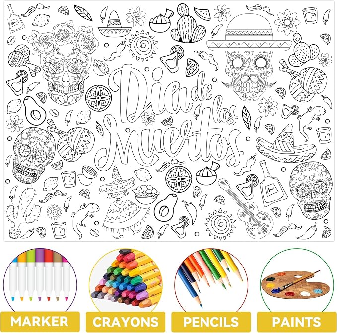 ZOIIWA Day of The Dead Giant Coloring Poster Dia De Los Muertos Large Coloring Posters Sheets Sugar Skulls Tablecloth Mexican Fiesta Party Banner for Home Wall Decor Drawing DIY Painting Crafts