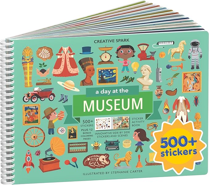 CUPKIN A Day at The Museum 500+ Kids Sticker Book Fun Toddler Travel Activity Coloring and Sticker Book, Road Trip Essentials, 12 Coloring Pages + 12 Scenes for Ages 2–8 Years