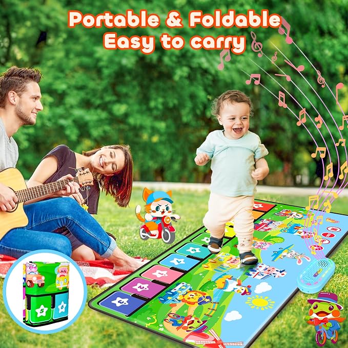 MOMUSE Piano Music Mat with 80 Sounds, Large Animal Car Touch Blanket Playmat Carpet Musical Toddlers Toys, Floor Keyboard Dance Sensory Educational Mat Boys Girls Gifts for 3 4 5 Years Old