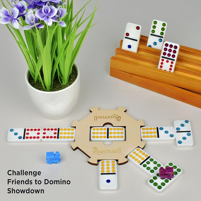 Queensell Mexican Train Dominoes Set with Wooden Hub, Domino Tile Board Games - Double 12 Dominos Set for Family Game Night for Adults and Kids Ages 8 and up (Double 12)