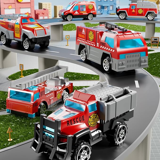 NIPLOOOW Fire Toys for 3 4 5 6 Years Old Boys Girls Kids, Die Cast Metal Fire Truck Toys W/Play Mat, Rescue Emergency Fire Truck Car Toy, Toddler Car Toy Christmas Birthday Gifts for Boys
