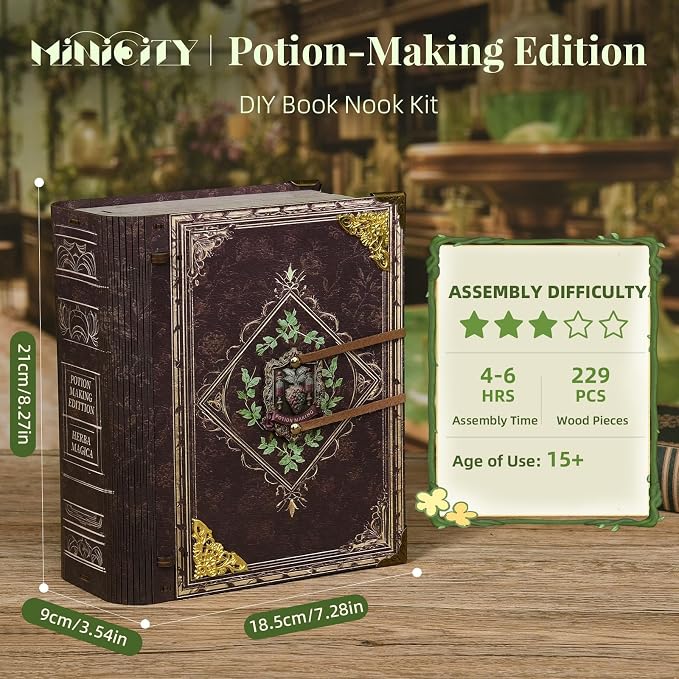MiniCity DIY Book Nook Kit with 3D Puzzle Model Building Wooden Bookshelf Bookend Toy Halloween Christmas Birthday Gift (Potion-Making Edition)
