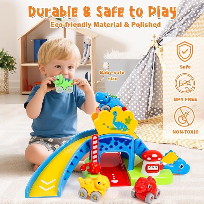 Toddler Toys for 1 2 Year Old Boy Gifts, Dinosaur Slide with 4 Dino Cars Montessori Learning Toys for Baby 12-18 Months, Educational First Birthday Gifts for Kids, Girls, Push Track for Toddlers 1-3