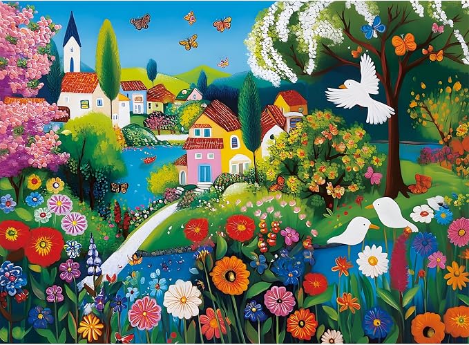 300 Pieces Puzzles for Adults, Large Piece Charming Village Jigsaw Puzzles,Colorful Village with Flowers,Birds Lake Puzzle for Kids Kids Ages 8-10 8-12 10-12,Puzzles for Family Game Nights,20.5x15 in