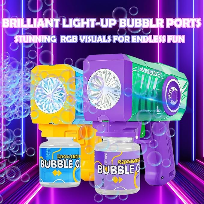 Bubble Machine Gun for Kids 2 Packs, with LED Lights & Solution,Suitable for Boys and Girls Aged 3 and up, Outdoor and Indoor Birthday and Wedding Party Toy, Gift(Yellow&Purple)
