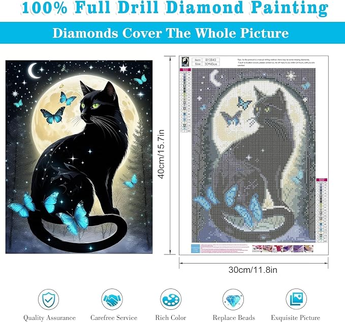 RYMILIE Cat Diamond Art Kits for Adults-Full Moon Diamond Painting Kits for Adults Beginners, 5D DIY Full Drill Round Rhinestone Gem Art Crafts Paintings for Home Wall Decor 12"x16"