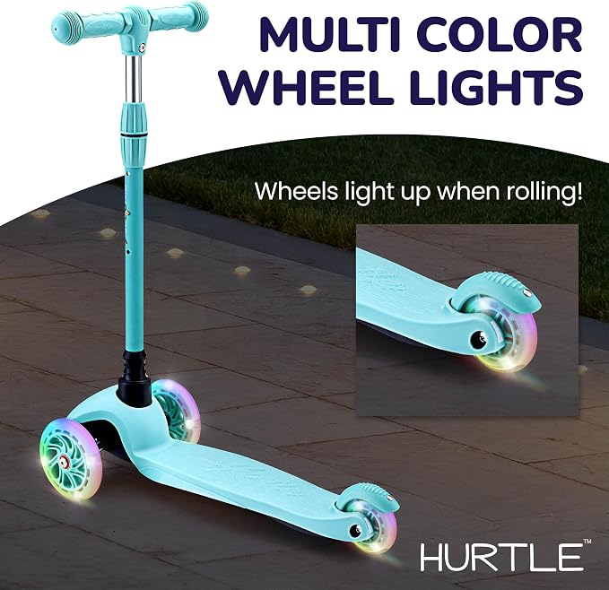 Hurtle Mini Kickboard 3 Wheel Scooter for Kids Ages 2-5 - Lean-to-Steer Toddler Scooter with Light-up LED Wheels, Adjustable Height & Rear Foot Brake for Boys. & Girls, Anti-Slip, Indoor/Outdoor