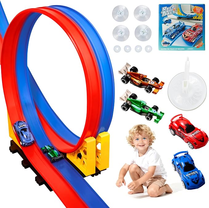 MINDNOOK 16 Ft Flexible Race Car Track Set for Kids, Portable Roll-Up Racetrack with 4 Cars & Suction Cups, Compatible with 1:64 Diecast Toy Cars, Gift for Boys & Girls Ages 4-12