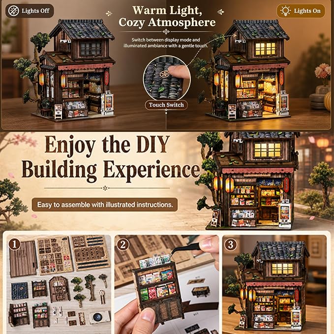 ISSEVE Japanese Book Nook Kit Kasuga Grocery Store Miniature House Kit | Bookshelf Insert Decor, Gifts for Women Book Lovers Friends Holidays, For adults Beginners, DIY Crafts Kit, 3D Wooden Puzzle