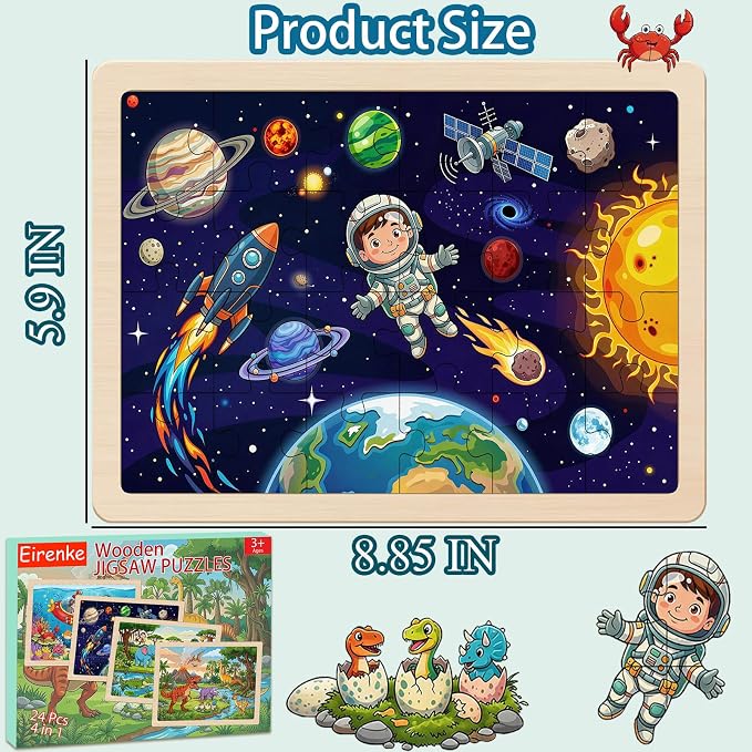 Wooden Puzzles Dinosaur Toys for Kids Ages 4-6, 4 Packs 24 Piece Puzzles for Toddlers 3-5 Preschool Educational Jigsaw Puzzles Boards Toys Gifts for 3 4 5 6 Boys Girls