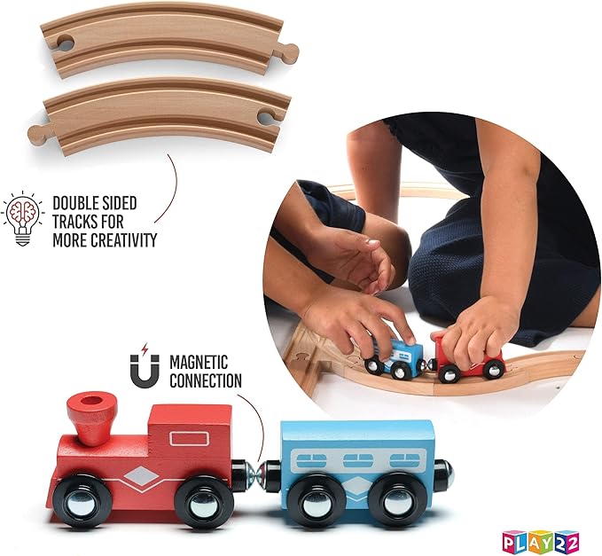 Wooden Train Tracks - 52 PCS Wooden Train Set + 2 Bonus Toy Trains - Train Sets For Kids - Car Train Toys Is Compatible With Thomas Wooden Railway Systems and All Major Brands - Original - By Play22