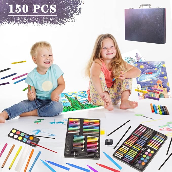 KINSPORY 150PC Art Set with Sketch Book, Coloring Art Kit Drawing Art Supplies Case, Markers Crayon Colour Pencils for Budding Artists Kids Teens Boys (Blue)
