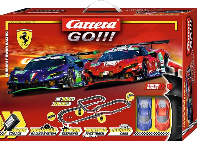 Carrera GO 62575 Ferrari Power Racing Electric Powered Slot Car Racing Kids Toy Race Track Set Includes 2 Hand Controllers and 2 Cars in 1:43 Scale