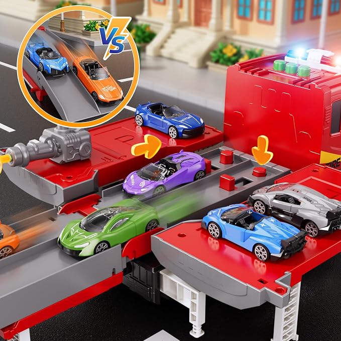 Fire Trucks Toy Set for Boys Age 3-5 4-7, Fire Car Truck for Toddlers 3 4 5 6 Years Old, Transport Truck Christmas Birthday Gifts Race Car Sets, Kids Toddlers Firetruck Toys with Light Sound Shooting
