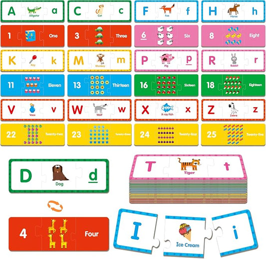 Alphabet & Number Puzzles, 26 Self-Correcting Matching Puzzle Set, 3-Piece Double-Sided Puzzle Cards, Educational Game for Kindergarten Readiness, Preschool Learning Activities, Homeschool Supplies