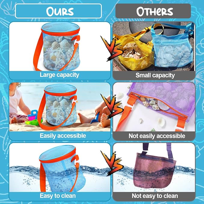 Vodolo Sea Shell Bags for Beach,Large Mesh Seashell Holder for Adults,Shelling Collecting Tools Travel Sand Toys Storage Bucket for Sandbox,Beach Vacation Essentials,Beach Must Haves Sand Box Toy Bag