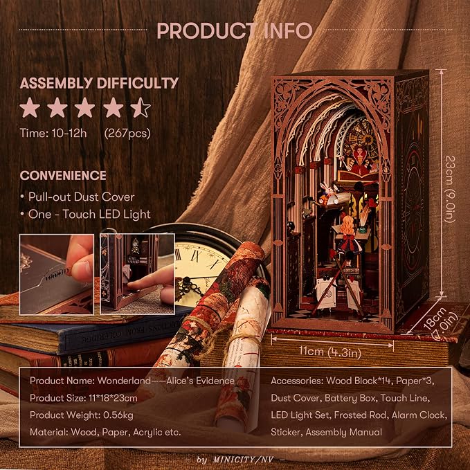 Book Nook Kit - DIY Miniature Dollhouse Kit for Adults and Teens, Tiny House Booknook Bookshelf Decor 3D Wooden Puzzle, Gifts for Family, Friends (Alice Evidence)