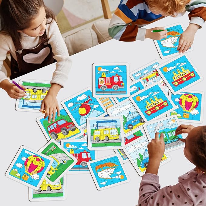 Cinrobiye 24 Pcs Transportation Coloring Puzzle Craft Kit for Kids, DIY Traffic Vehicle Jigsaw Puzzles Bulk with 12 Designs, Construction Truck Birthday Party Favors, Classroom Art Activities