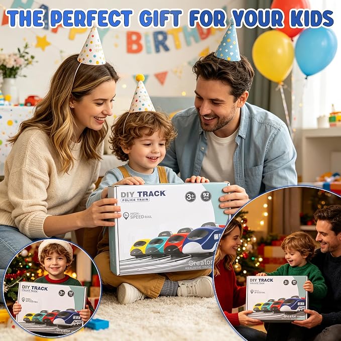 Wdmiya Train Set for Toddlers, 92 Pcs Train Toys for Kids Ages 3-8, Electric Trains Sets with Tracks (Magnetic Connection), Battery Operated Trains Birthday Gift for 3 4 5 6 7 8 (Police 92 Pcs)