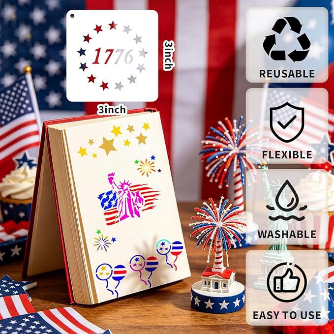 72 PCS 3x3 Inch Independence Day Stencils for Painting - Reusable USA Flag Patriotic Painting Templates, Red White and Blue Party Supplies for 4th of July Memorial Day Painting Stencil