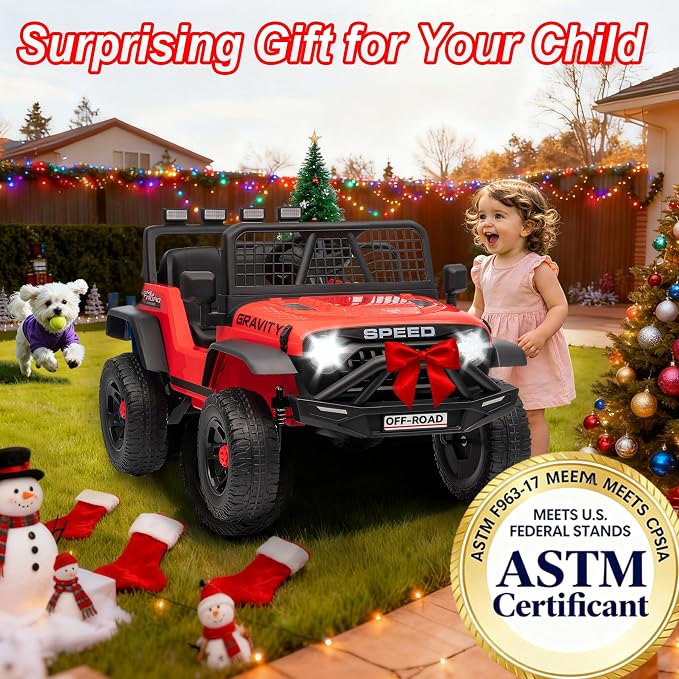 24V Ride on Toys w/Remote Control, 4WD Kids Ride on Truck Car, 3 Speed, Bluetooth Music, Wide Seat, Spring Suspension, LED Light, Birthday for Boys Girls Toddler (Black+Red)