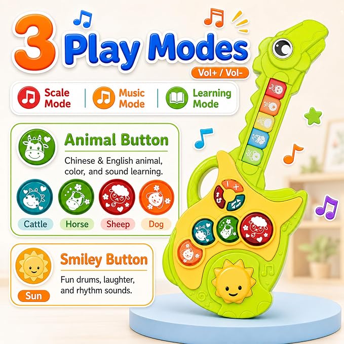 Toys for 1-3Year Old Boy Gift,2-in-1 Electric Guitars,12-18 Month with Animal Sound and Light Dinosaur Musical Guitar Piano Toys,Learning Educational Gift for Toddlers