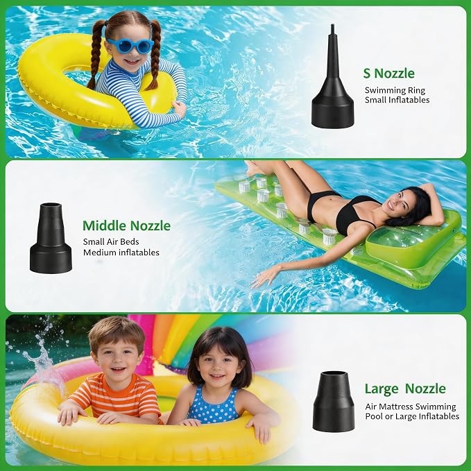 Air Pump Portable Quick-Fill Air Pump with 3 Nozzles,5kPa for Inflatables Mattress Pool Floats Toy Water Raft Bed Boat Pool Toy with 110 US Adaptor and Car-Powered 12v-DC