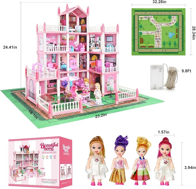 Doll House Set for Girls, Princess House Toys with 4 Dolls Furniture and 4-Story 11 Rooms,Pretend Play DIY with Light Strip for Kids, Building Dolls Playset Toys Kit Gift for Ages 3 4 5 6+