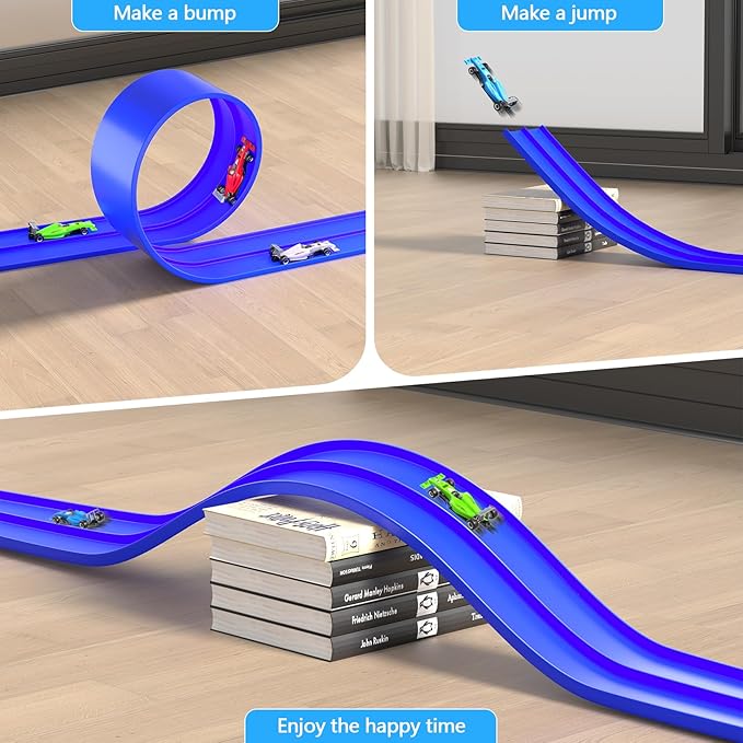16FT Flexible Race Track with 4 Cars - DIY Car Ramp Track for Jumps, Loops, Ramps - Portable Roll-Up Dual Racetrack for Indoor Outdoor Play, Ages 3+ (Blue)