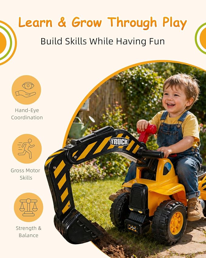 Kids Excavator Ride On Toys for Boys and Girls 2+ Years, Foot-to-Floor Ride On Excavator with Sounds, Steering Wheel, Storage, Toy Hard Hat and 3 Rocks