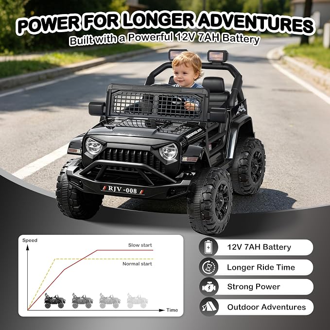 12V 7AH Kids Ride-On Truck Car, Electric Car with Parent Remote Control, Spring Suspension, LED Lights, Bluetooth, Music, Black