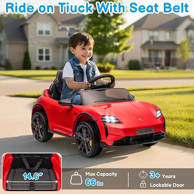Winado 12V Kids Ride on Car, Licensed Porsche Taycan Electric Car for Toddlers, Battery Powered Ride on Vehicle W/Remote Control, with Bluetooth, 3 Speeds, LED & Rear Lights, Music & Horn (Red)