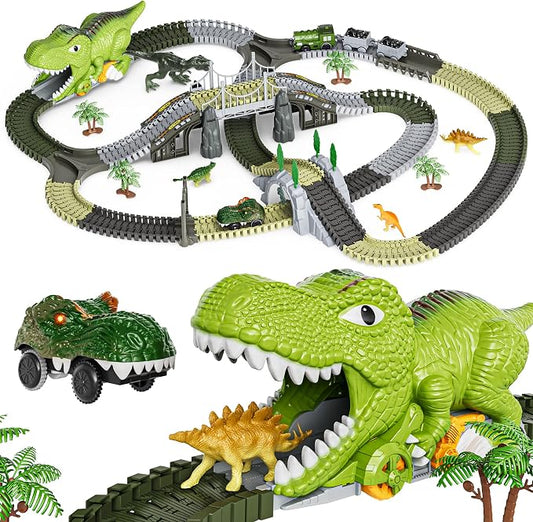 TUMAMA Dinosaur Toys Race Track, 281 Pcs Dinosaur Train Toys for Kids 3-5 5-7, Flexible Train Tracks with 4 Dinosaurs Figures, 2 Electric Race Cars with Light, Create A Dinosaur Road Race for Toddlers