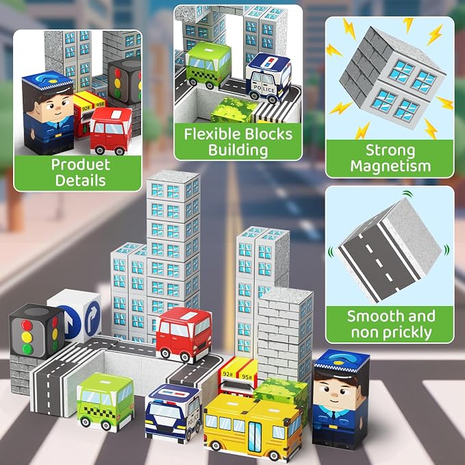 City Traffic Magnetic Blocks Set, 35PCS STEM Toys for Kids Ages 3-8, Travel Building Toys with Carrying Case, Child-Safe with Fully Encased Magnets, Car/Airplane Toddler Toy Birthday