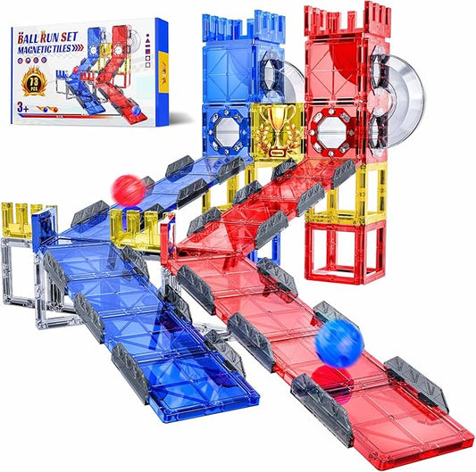 73pcs Magnetic Tiles for Kids Ages 4-8, STEM Magnetic Tiles Race Track & Marble Run, Preschool Magnetic Tile Rails Expansion Set, Creative Magnet Building Blocks for 4+ Year Old Boys Birthday Gifts