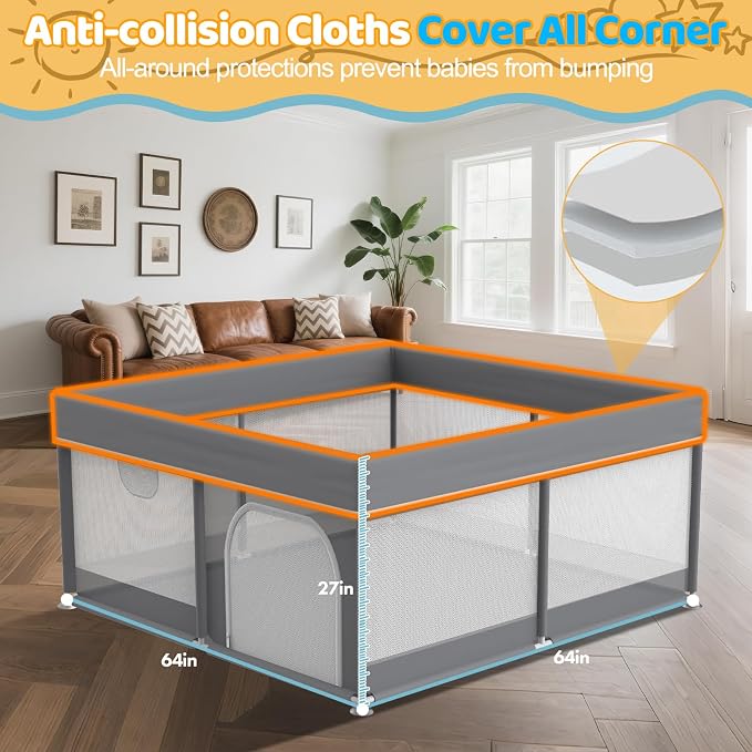 Grey Baby Playpen 64"x64" - with 2 Pull Up Rings Full Cover Anti-Collision Large Playard for Babies and Toddlers Dark Gray Pack n Play Alternative Safety Play Yard Infant Activity Center