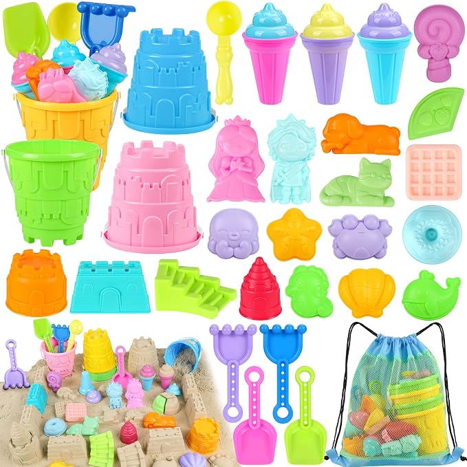 KUBUSFLY Beach Toys for Toddlers, Sand Castle Toys with 4 Beach Bucket and Shovels, Ice Cream Travel Sand Toys for Sandbox & Mesh Bag, Essentials Toy for Toddlers Kids Baby Boys Girls Age 3-10