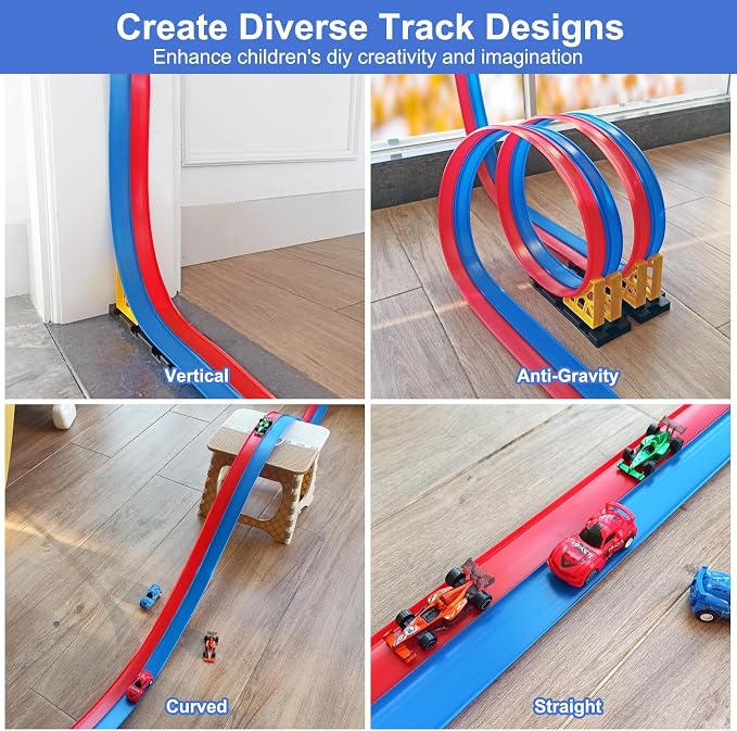 Flexible Race Car Track for Kids: 15 Ft DIY Bendable Ramp Set with Suction Cups for Wall & Window Play - Portable Roll-Up Toy Tracks, Compatible with 1:64 Diecast Cars, Gifts for Boys Girls Ages 3-8