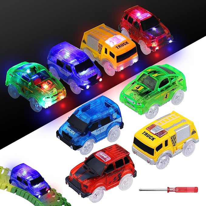 Tracks Cars 4PCS Magic LED Light-up Track Car Replacement Only,Flex Race Cars Glow in the Dark with 5 Flashing LED Lights Fits Most Tracks,Perfect Car Toys for 3-8 Kids,Boys&Girls