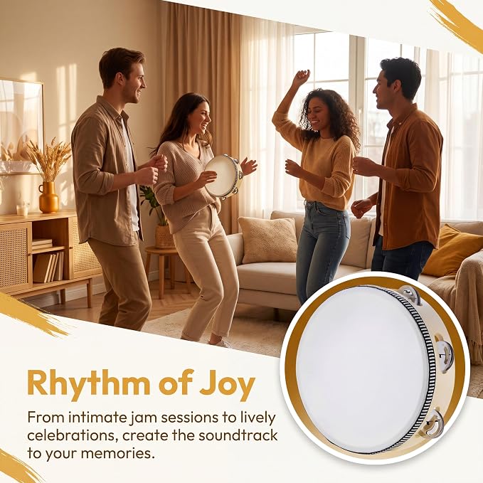 Tambourine for Church 8 inch Hand Held Drum Bell Birch Metal Jingles Percussion Musical Educational Drum Instrument for KTV Party Kids Games by Musfunny (8 inch)
