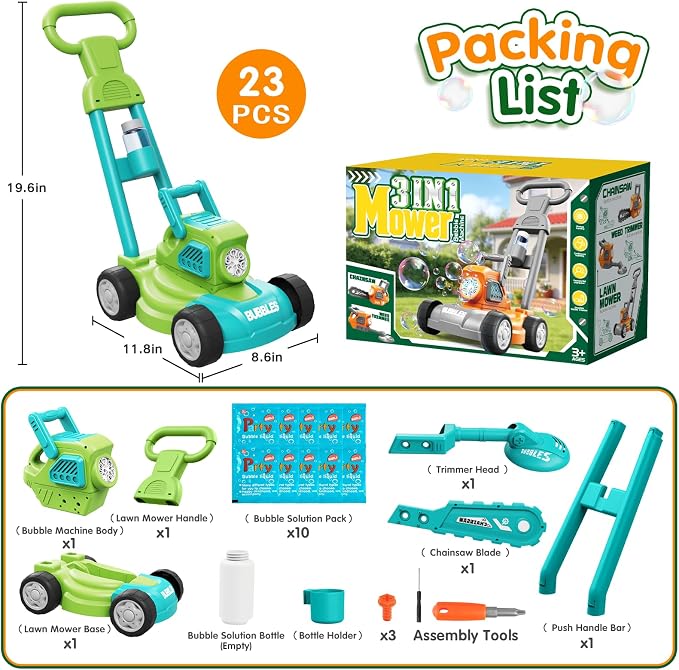 Bubble Lawn Mower for Kids, 3-in-1 Bubble Machine Blower with 10 Bubble Solution, Outdoor Push Toys for Toddlers Ages 3-8, Birthday Easter Summer Gift for Boys Girls 3 4 5 6 7 8 Year Old