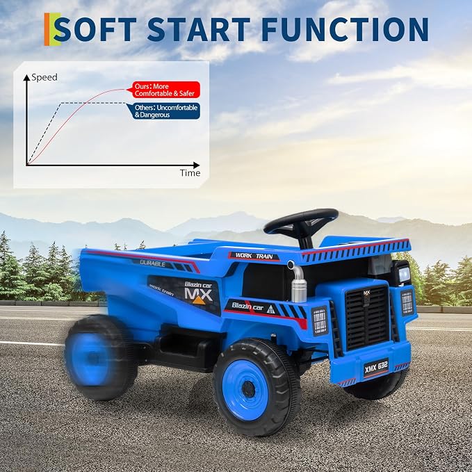 Garvee 12V Ride On Dump Truck for Kids, Ride On Car with Remote Control, Construction Vehicles with Dump Bed & Shovel, Ride-On Toys 16.5 in Spacious Seat, Music, Headlights, Soft Start, Blue